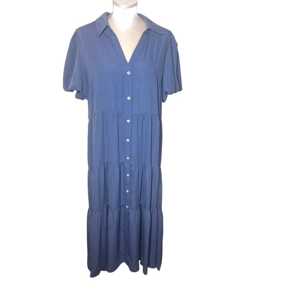 CeCe Blue Tiered Button Down Maxi Dress Short Puff Sleeve XL